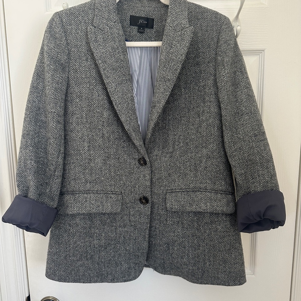 J. Crew Gray Herringbone Blazer with Navy Accents